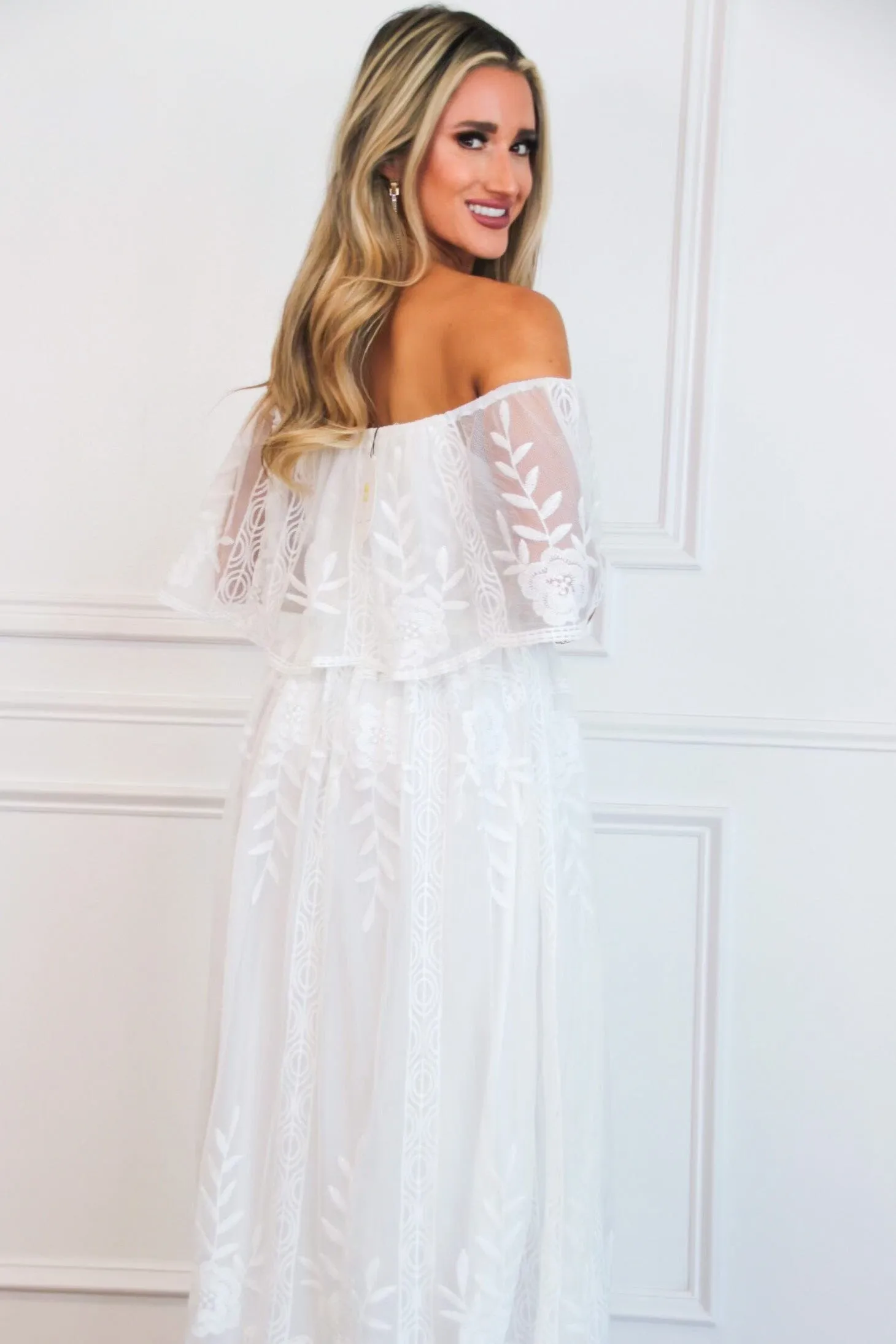 Pia Lace Off Shoulder Maxi Dress: White sold by Bella and Bloom product image thumbnail 3