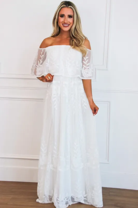 Pia Lace Off Shoulder Maxi Dress: White sold by Bella and Bloom