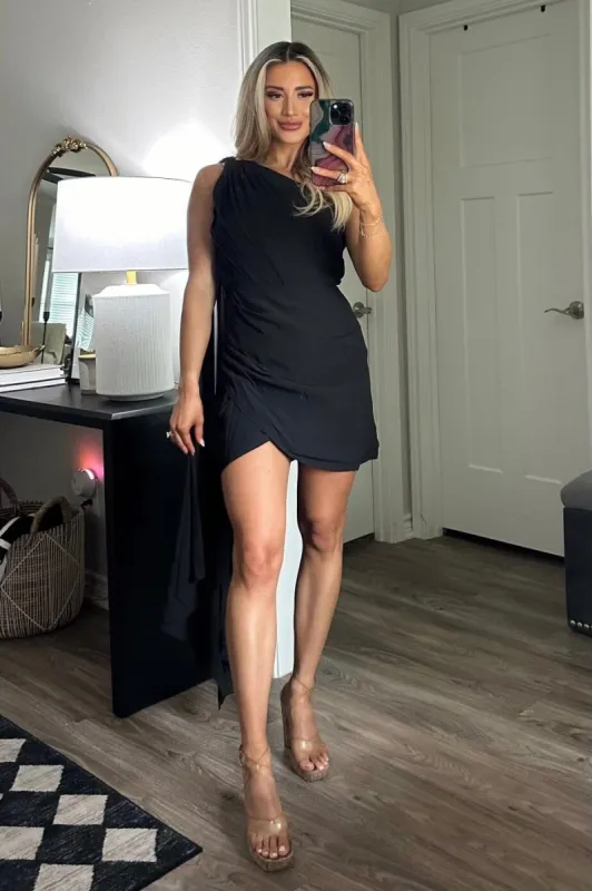 Pretty Little Devil Drape One Shoulder Dress: Black sold by Bella and Bloom