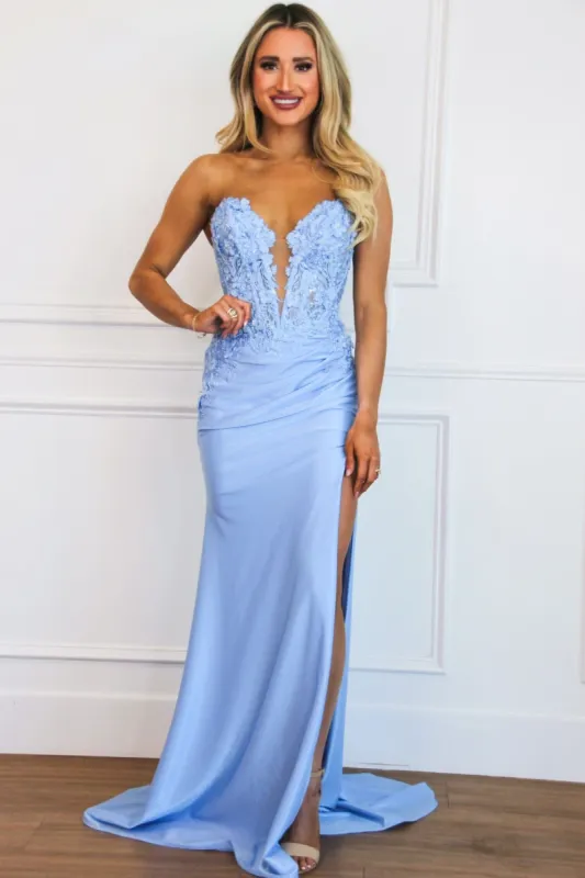 Karter Lace Bustier Shimmer Strapless Slit Formal Dress: Periwinkle Blue sold by Bella and Bloom