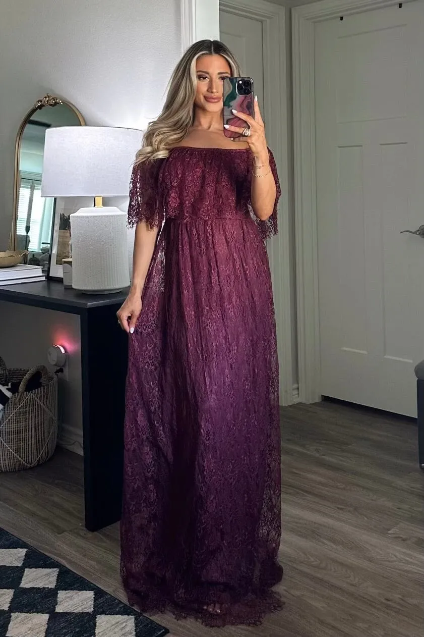 Enchanted to Meet You Lace Maxi Dress: Burgundy sold by Bella and Bloom