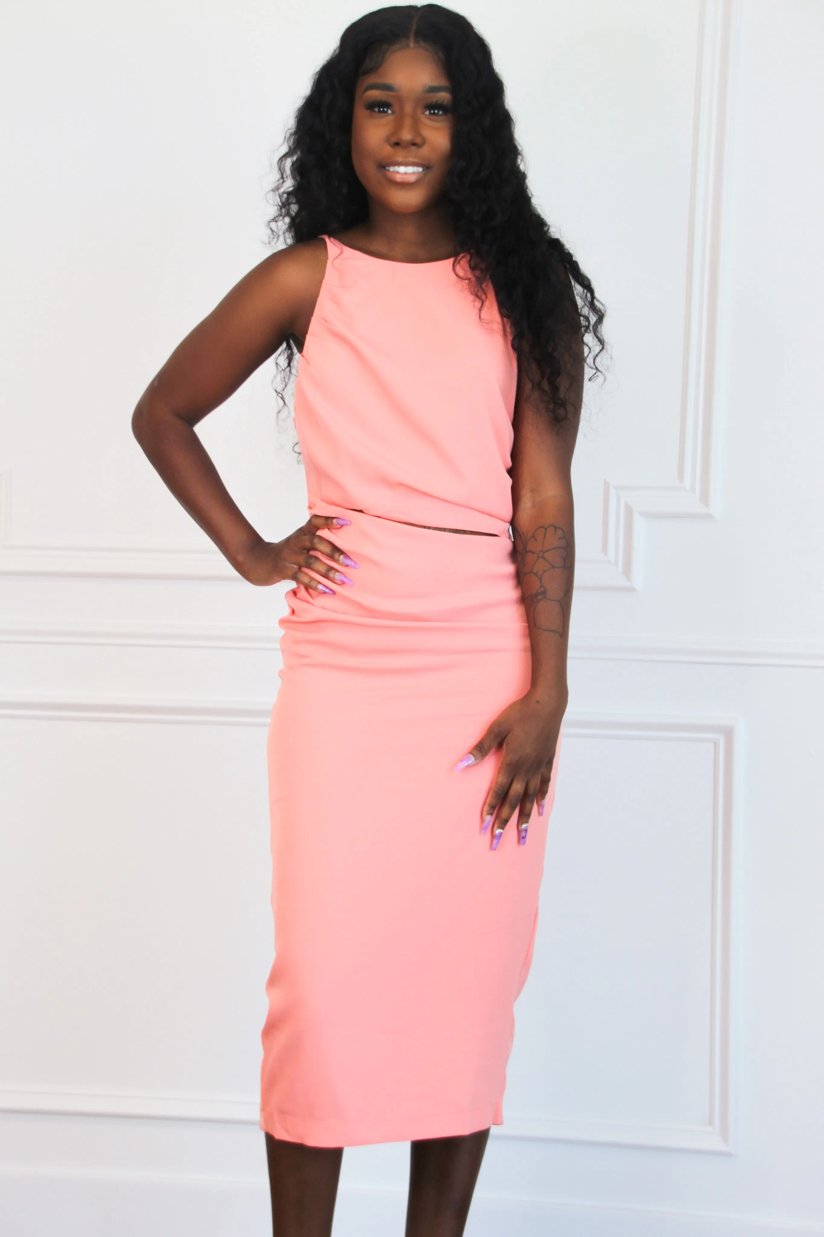 Cut to the Heart Midi Dress: Neon Coral sold by Bella and Bloom product image thumbnail 3