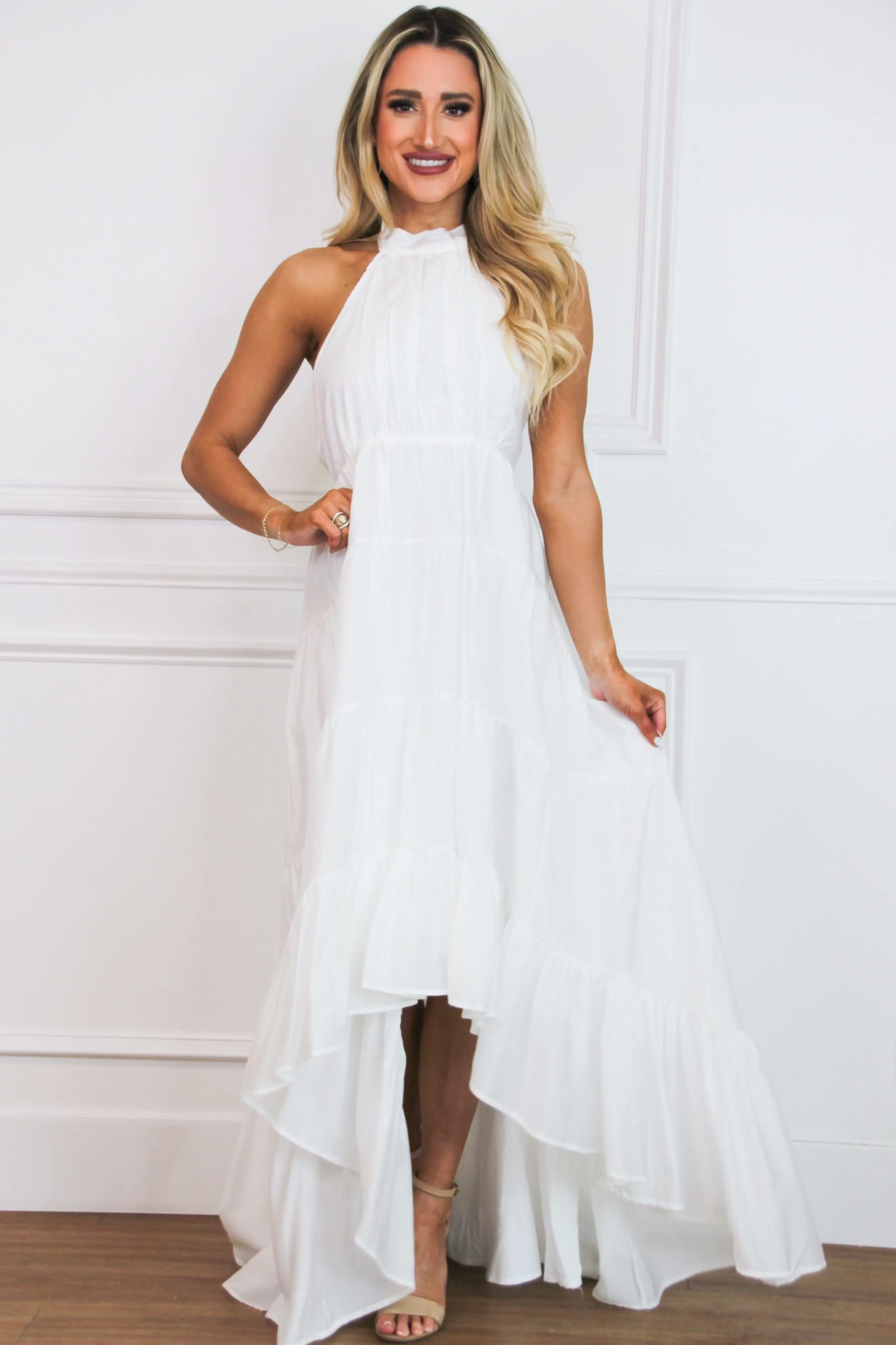 Oh, So Fabulous Halter Ruffle Maxi Dress: White sold by Bella and Bloom
