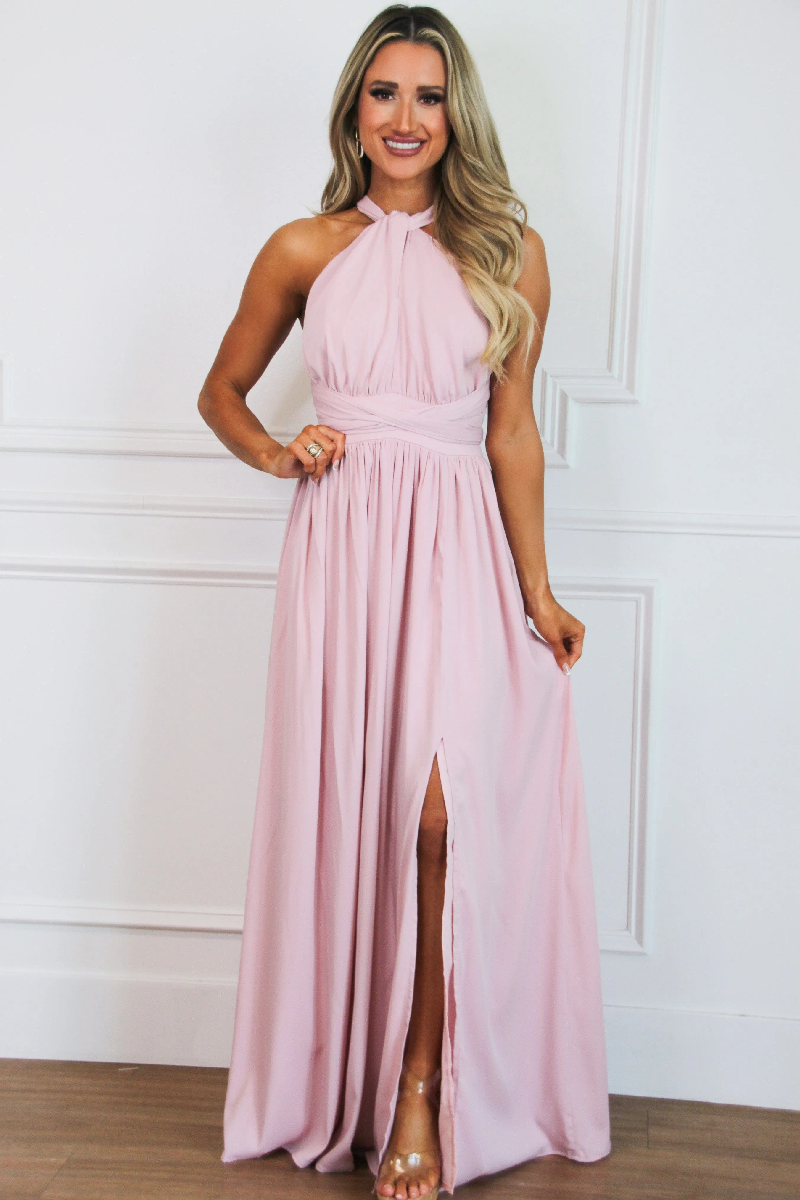 Overcome the Odds Wrap Maxi Dress: Light Pink sold by Bella and Bloom