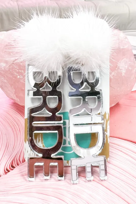 Fuzzy BRIDE Earrings: Silver/White sold by Bella and Bloom