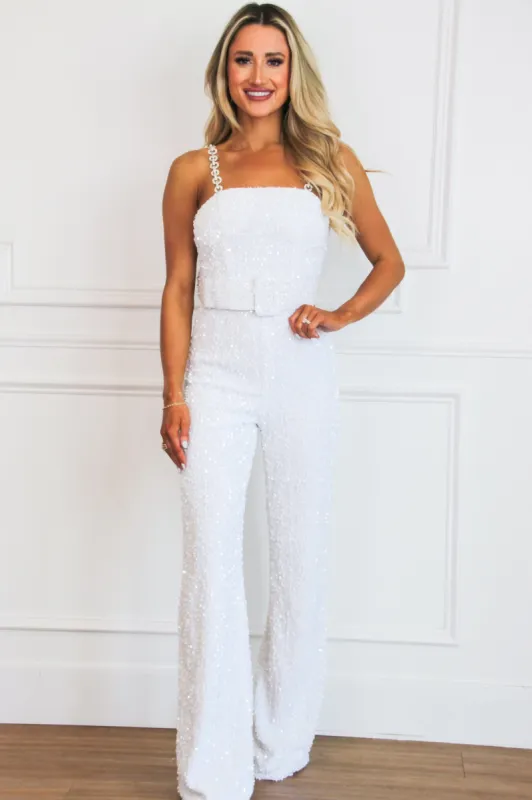 Nadine Embellished Strap Sequin Belted Jumpsuit: White sold by Bella and Bloom