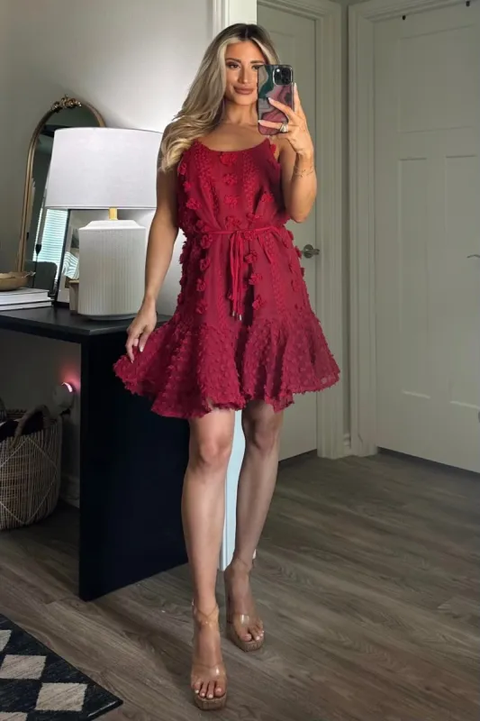 Adelynn Floral Applique Dress: Burgundy sold by Bella and Bloom