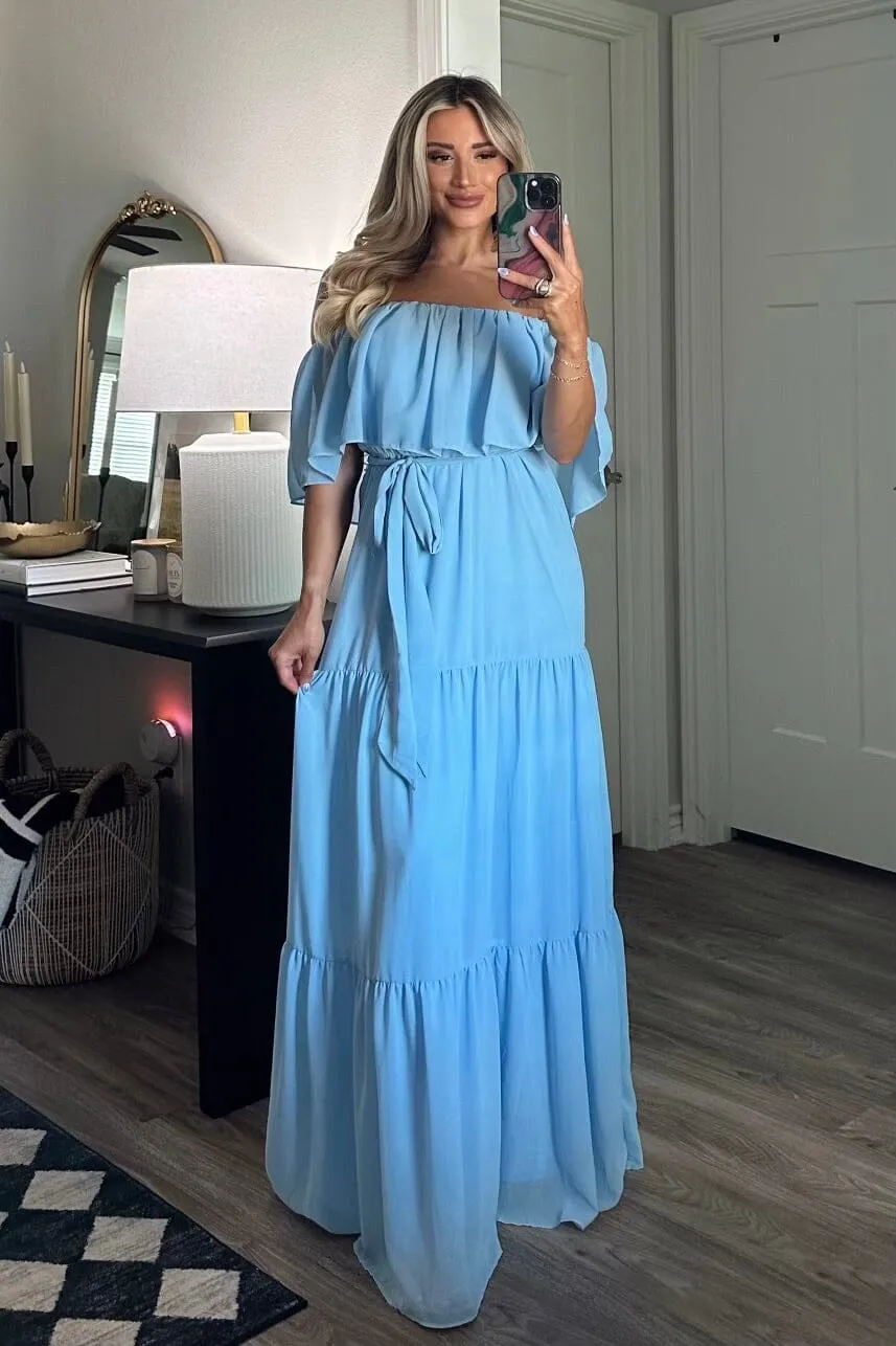 Chesney Off Shoulder Maxi Dress: Blue sold by Bella and Bloom