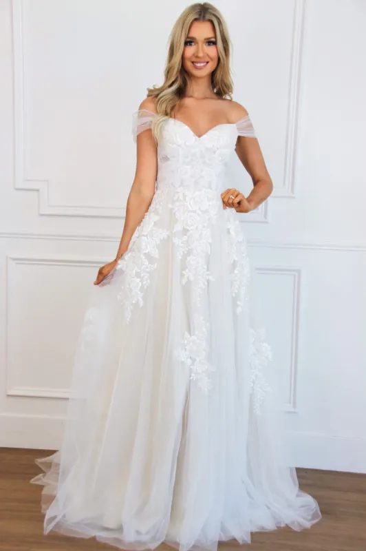 Jayne Off Shoulder Lace A Line Tulle Wedding Dress: White/Nude sold by Bella and Bloom