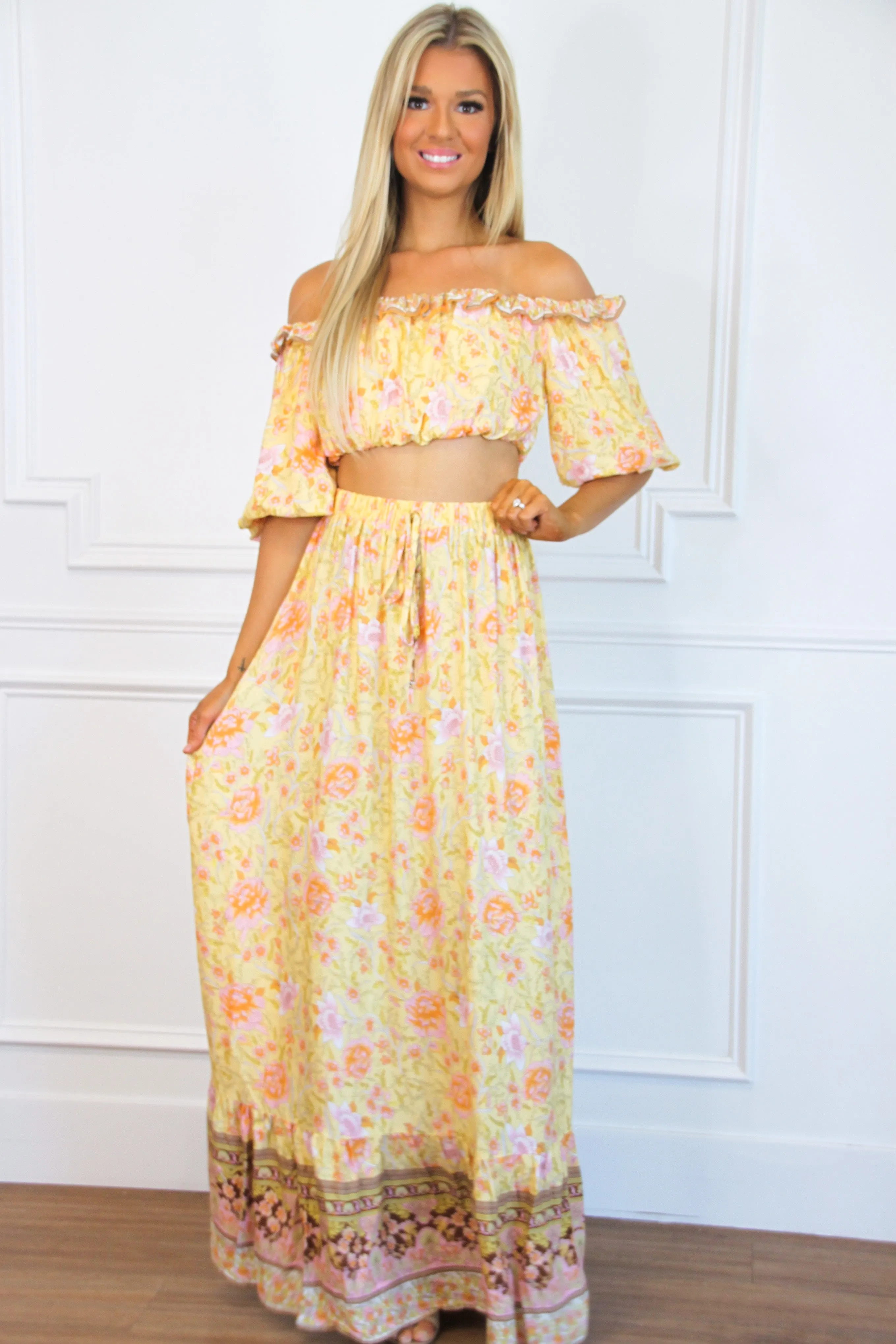 Feels Like Summer Two Piece Set: Yellow Multi sold by Bella and Bloom