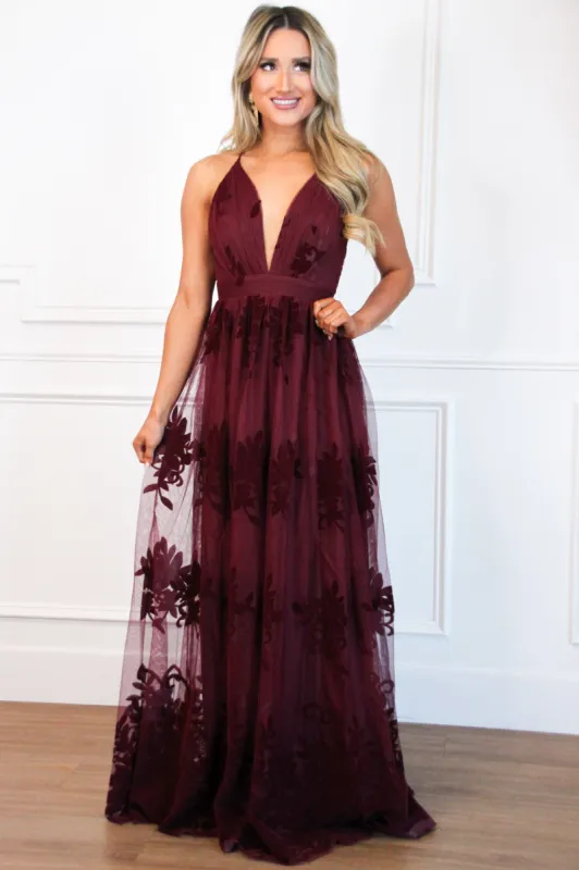 Here Comes the Bride Maxi Dress: Burgundy sold by Bella and Bloom