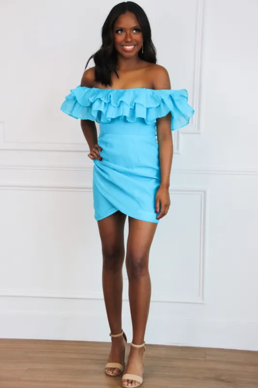Too Pretty Ruffle Off Shoulder Dress: Bright Blue sold by Bella and Bloom