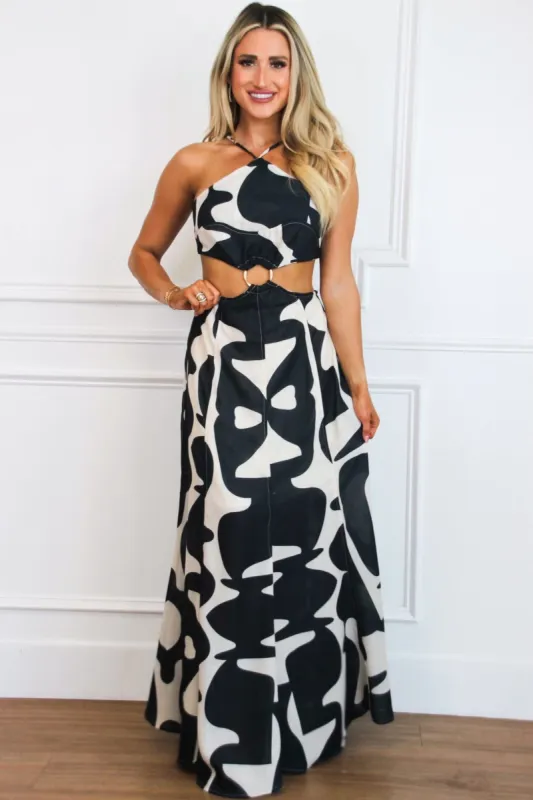 Got it Good Cutout Abstract Maxi Dress: Taupe/Black sold by Bella and Bloom