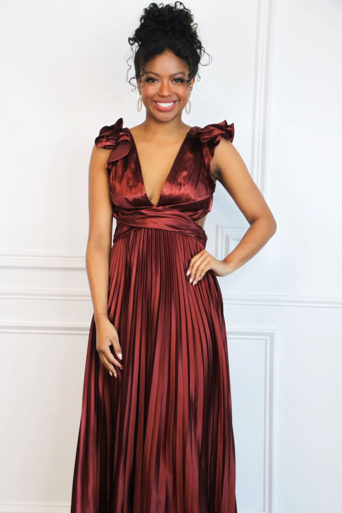Somewhere With You Pleated Open Back Maxi Dress: Rust sold by Bella and Bloom product image thumbnail 3
