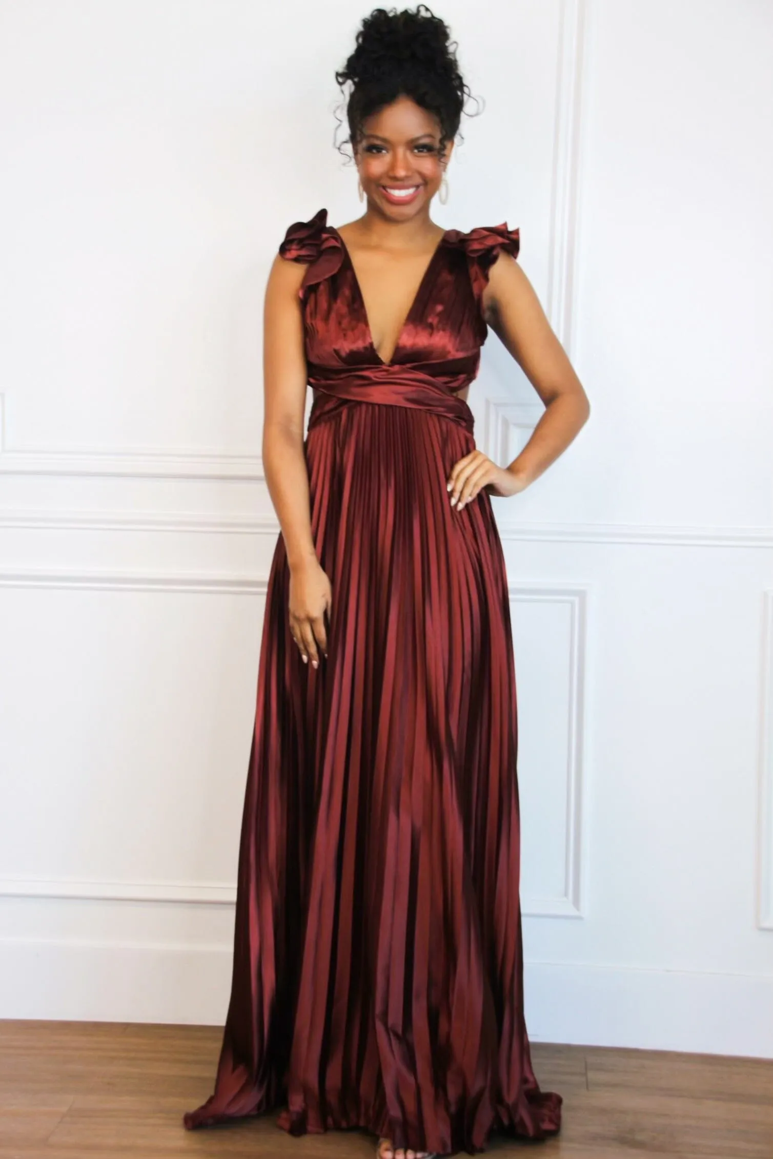 Somewhere With You Pleated Open Back Maxi Dress: Rust sold by Bella and Bloom