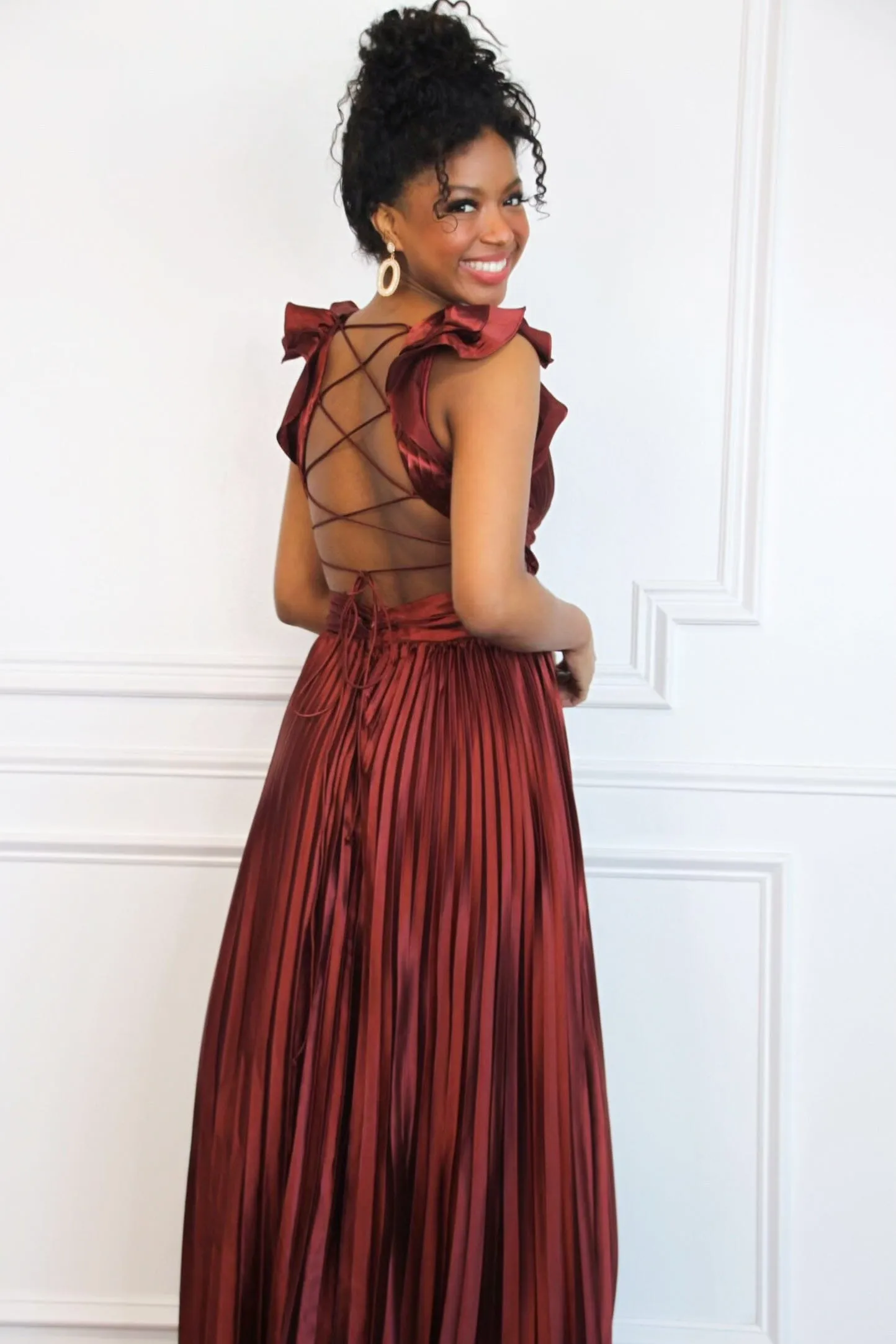 Somewhere With You Pleated Open Back Maxi Dress: Rust sold by Bella and Bloom product image thumbnail 2