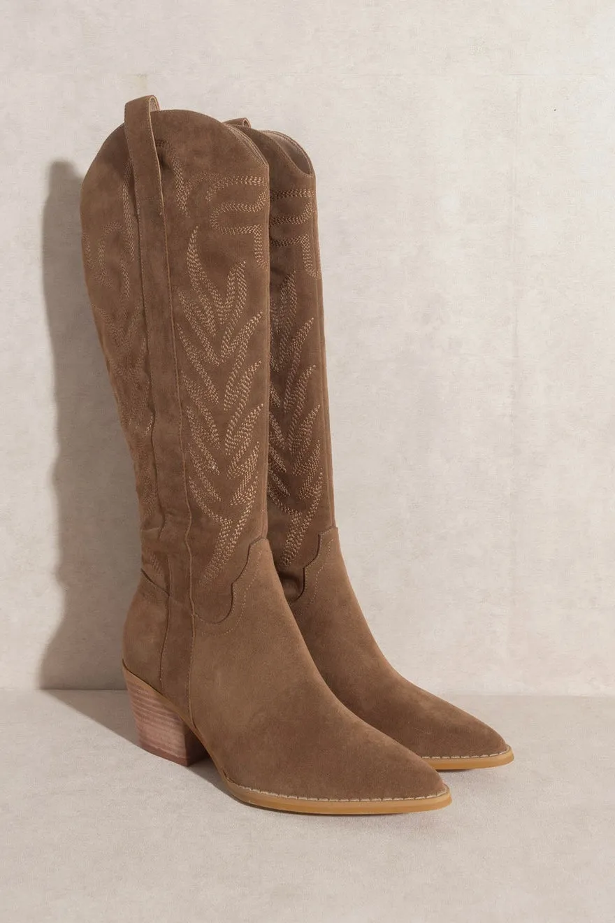 Samara Knee High Cowboy Boots: Brown Suede sold by Bella and Bloom