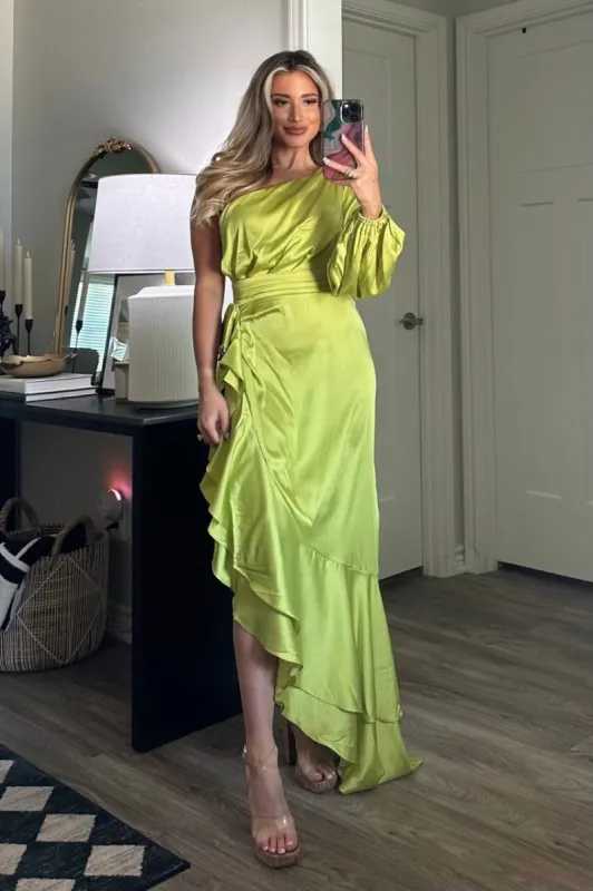 Barcelona One Shoulder Satin Ruffle Maxi Dress: Lime sold by Bella and Bloom