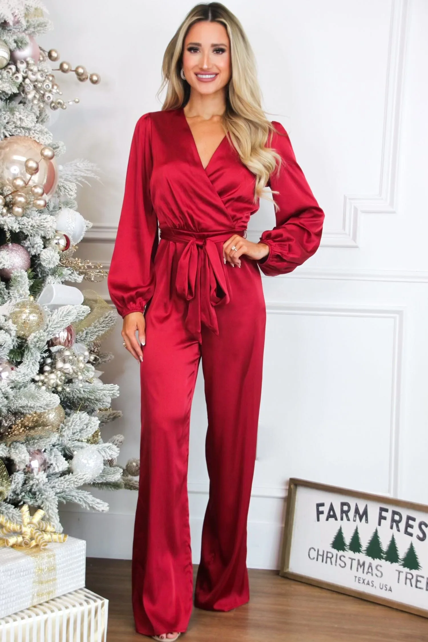 Nita V Neck Satin Jumpsuit: Burgundy Red sold by Bella and Bloom