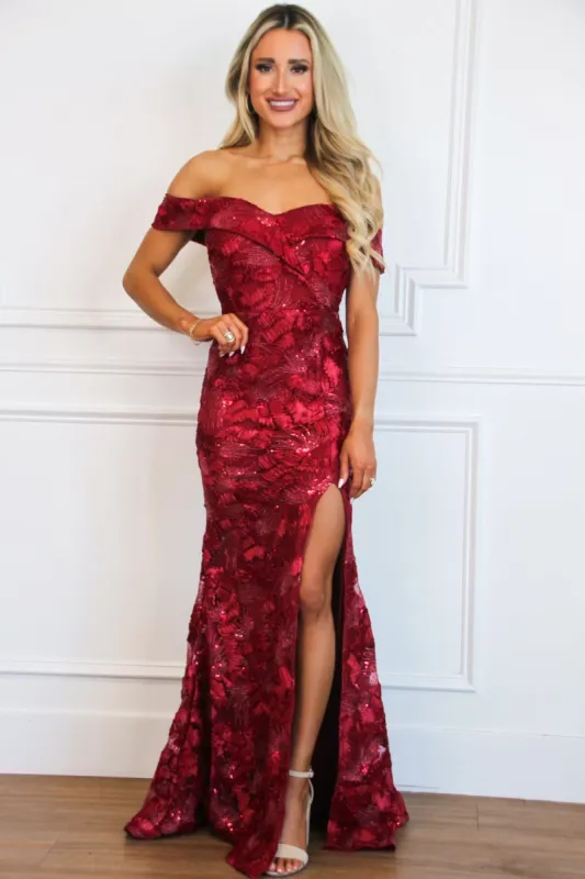 Arabella Textured Off Shoulder Maxi Dress: Burgundy sold by Bella and Bloom
