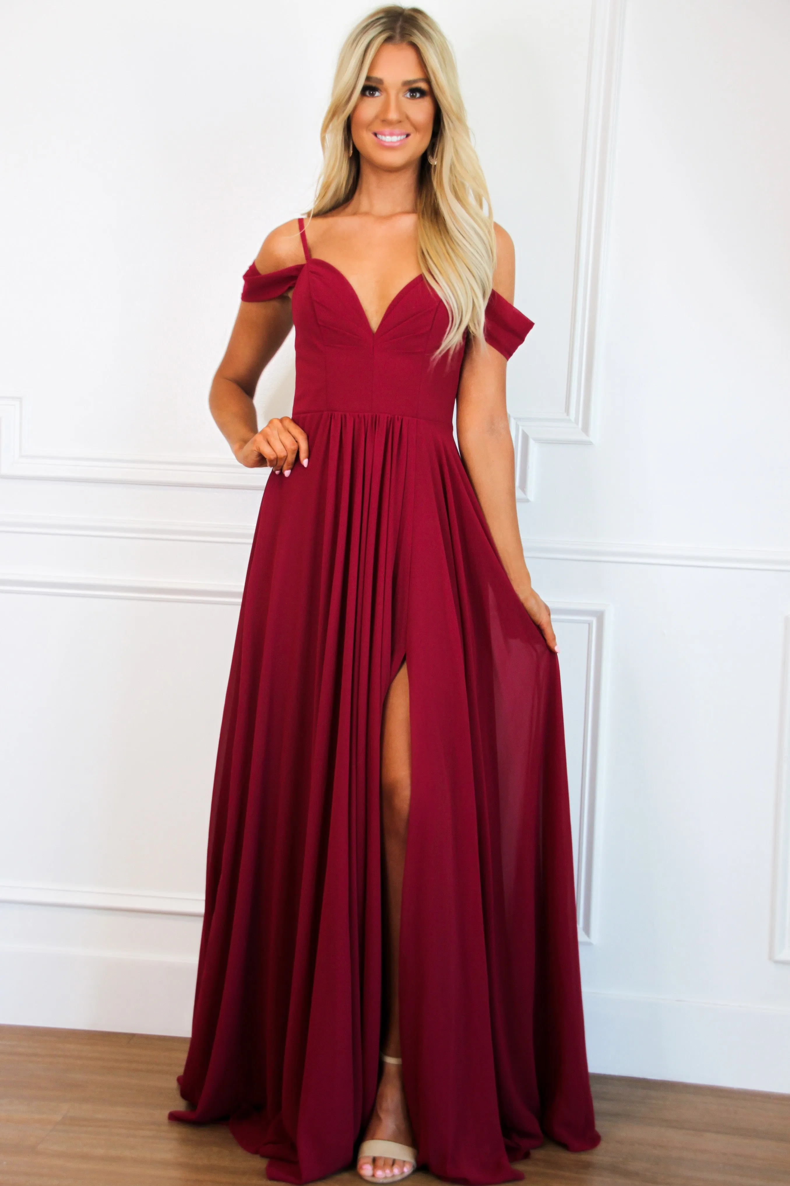 Heaven Sent Chiffon Maxi Dress: Burgundy sold by Bella and Bloom