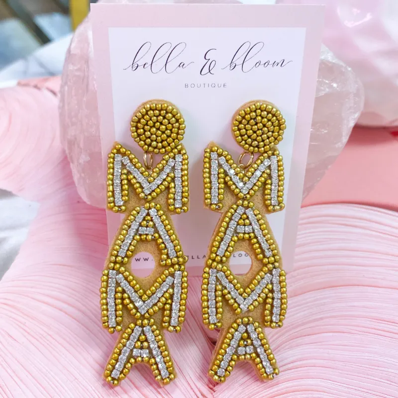 Beaded MAMA Earrings: Gold Multi sold by Bella and Bloom