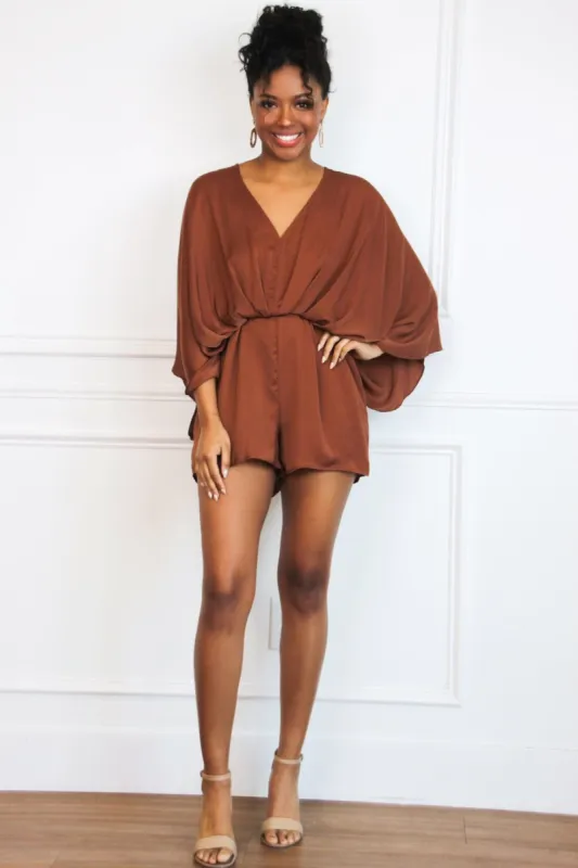 Jade Satin Kimono Sleeve Romper: Chocolate sold by Bella and Bloom