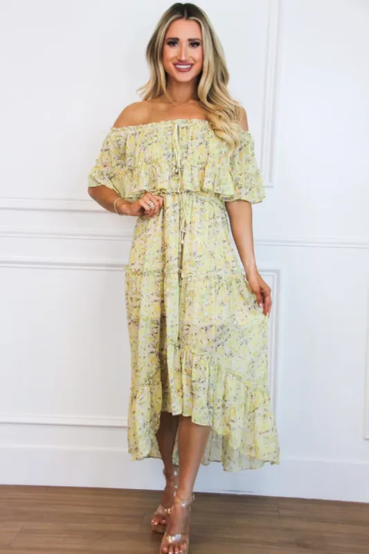 Maisie Off Shoulder Floral Midi Dress: Yellow Multi sold by Bella and Bloom