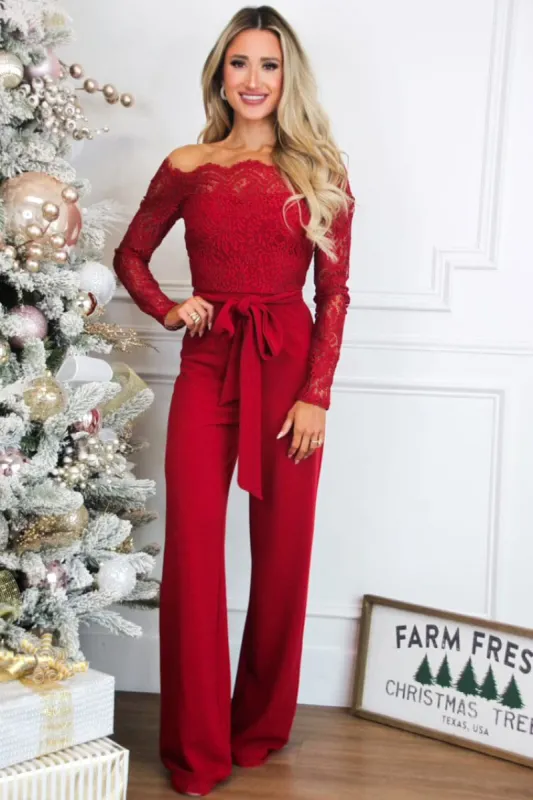 Sinclair Lace Off Shoulder Jumpsuit: Burgundy Red sold by Bella and Bloom