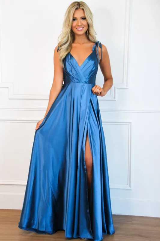 Born to Love You Satin Slit Formal Dress: Teal Navy sold by Bella and Bloom