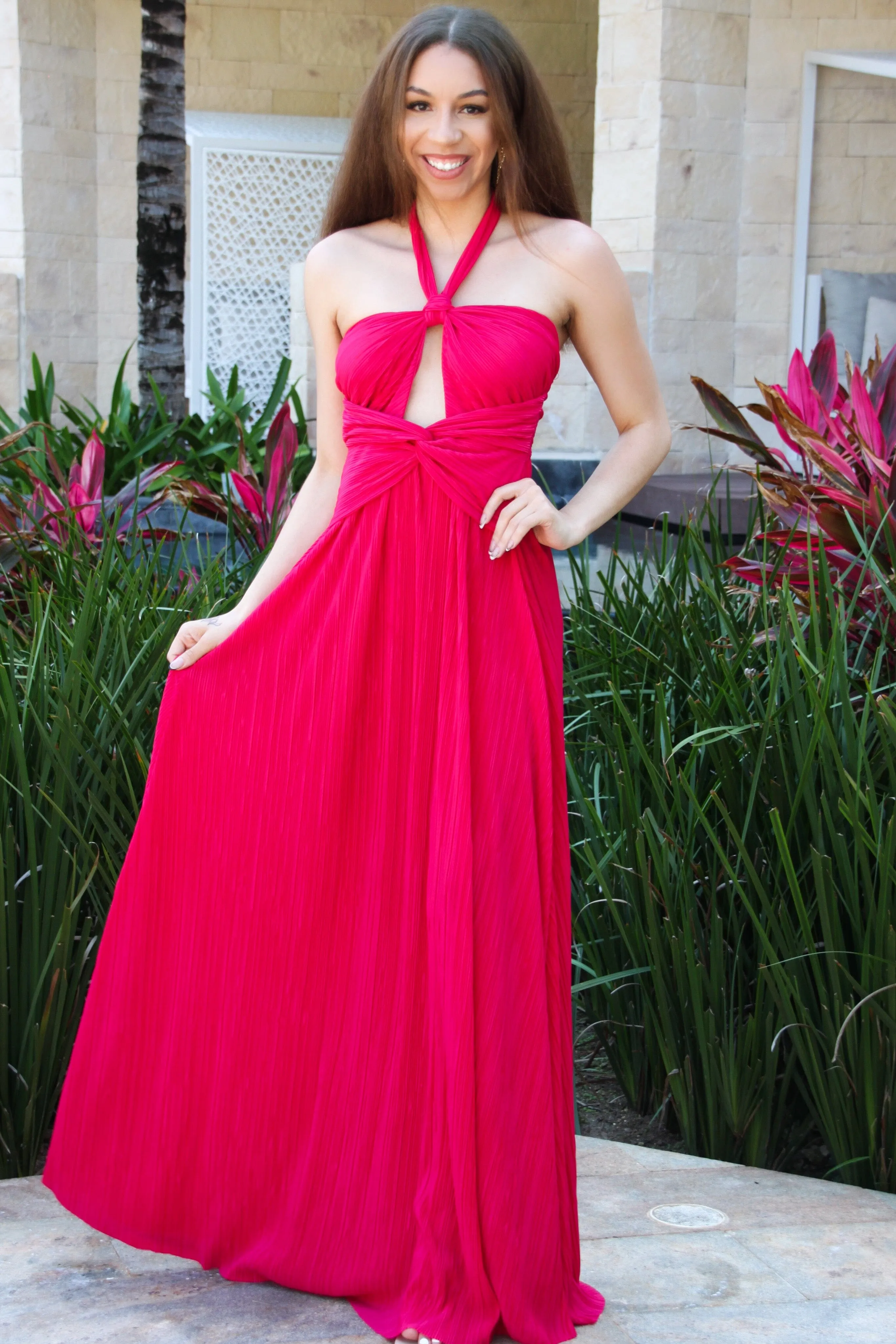 Misha Cutout Pleated Maxi Dress: Hot Pink sold by Bella and Bloom