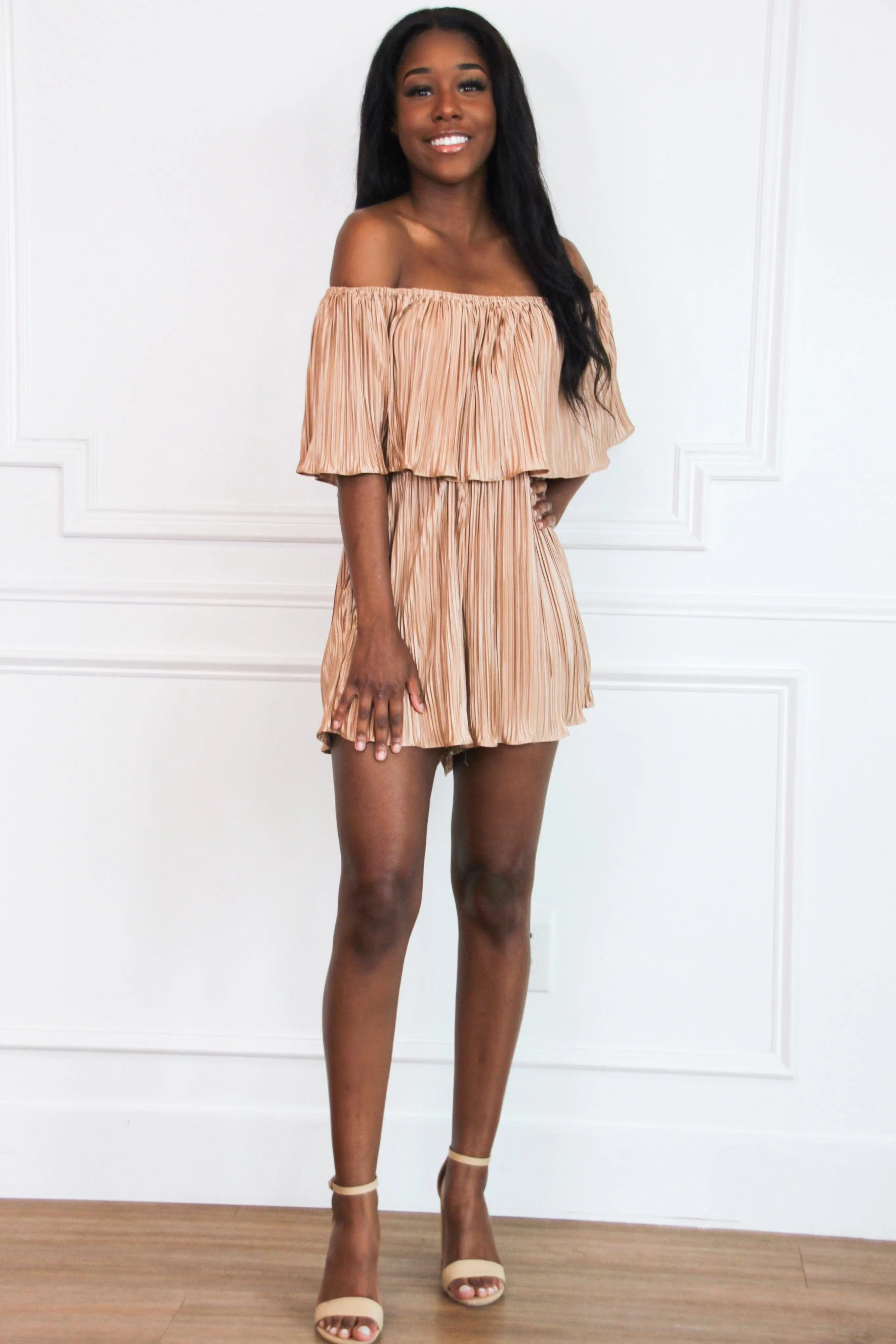 After Sun Pleated Off Shoulder Romper: Taupe sold by Bella and Bloom
