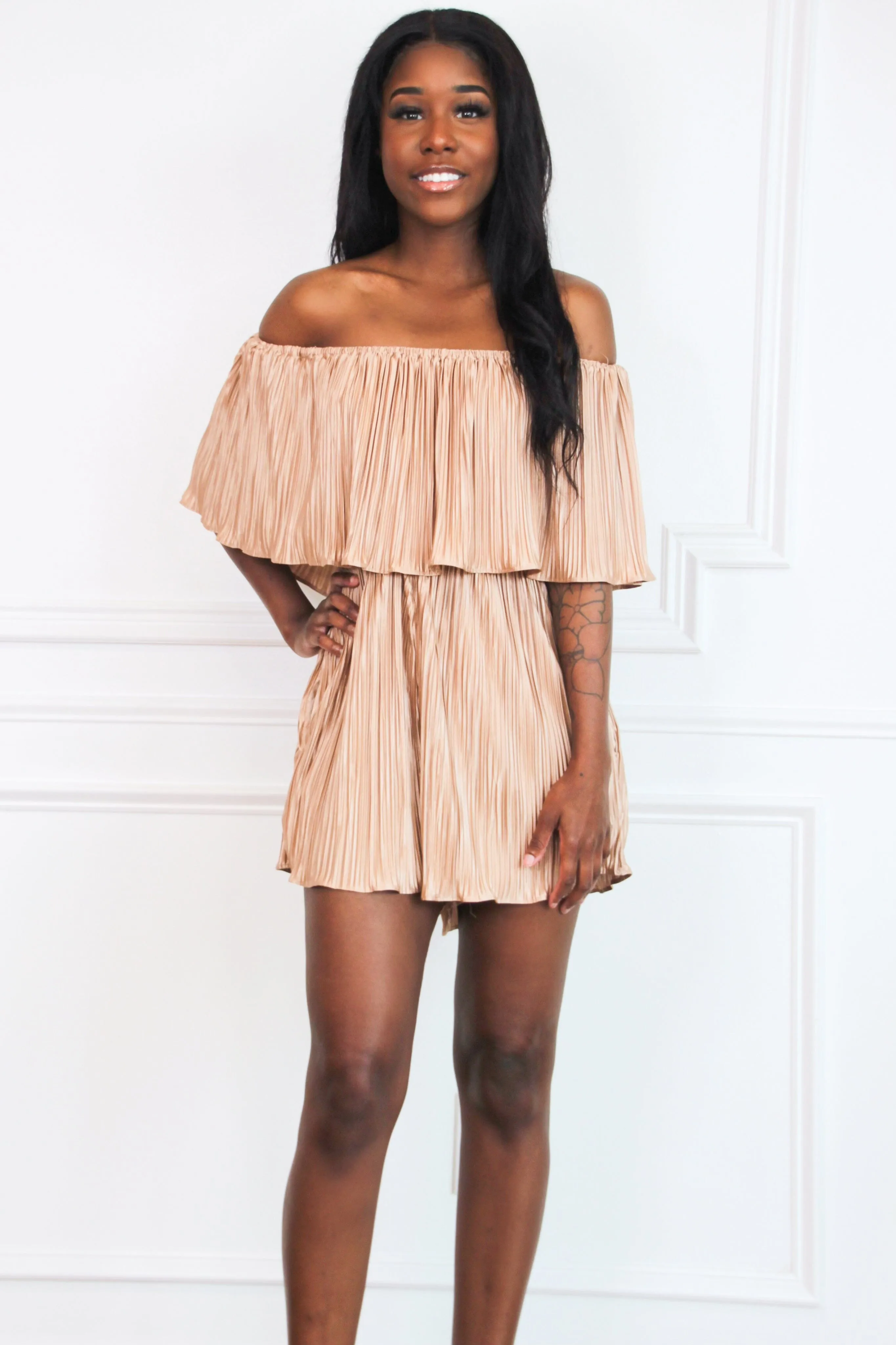 After Sun Pleated Off Shoulder Romper: Taupe sold by Bella and Bloom product image thumbnail 2