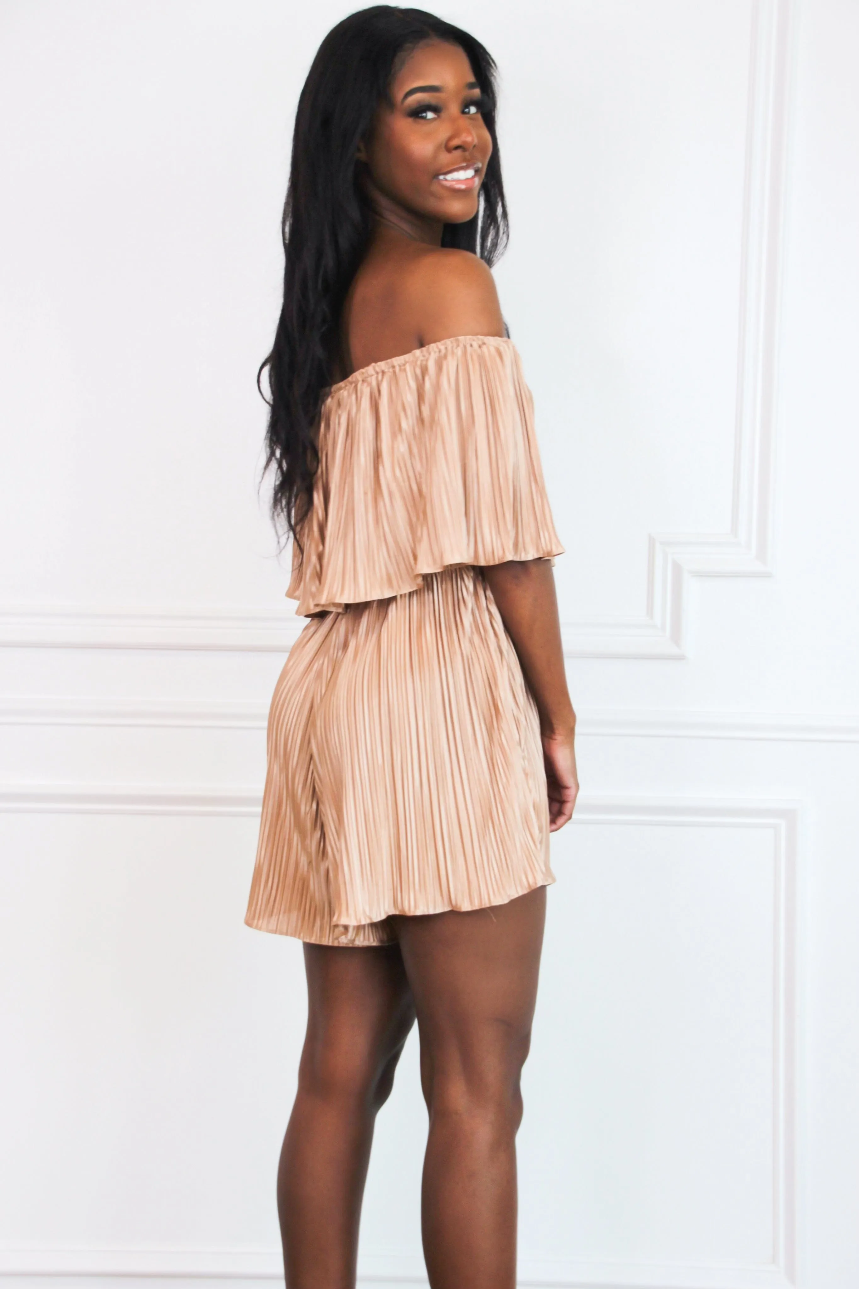 After Sun Pleated Off Shoulder Romper: Taupe sold by Bella and Bloom product image thumbnail 3