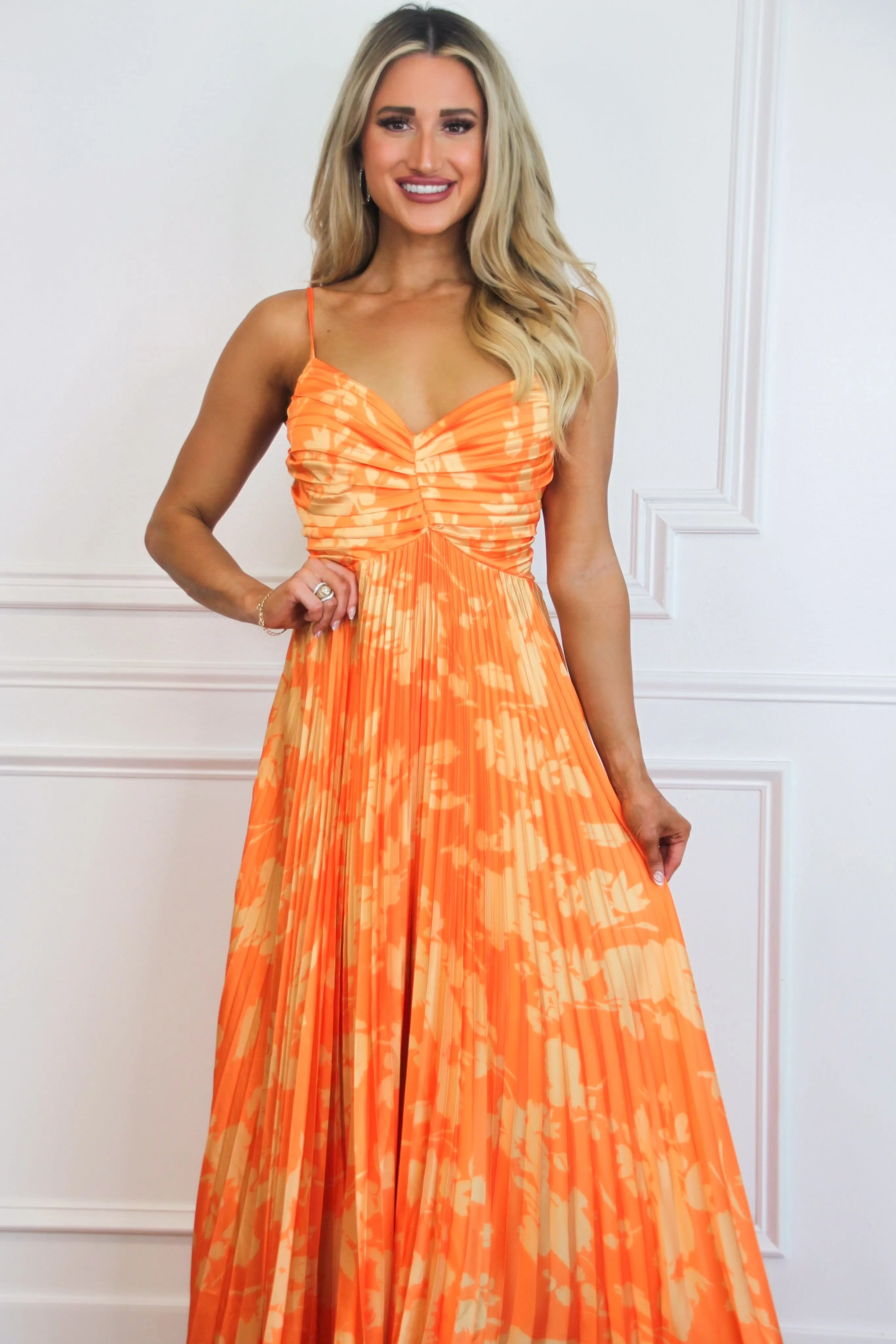 Electric Sunshine Floral Pleated Maxi Dress: Bright Orange/Yellow sold by Bella and Bloom product image thumbnail 2