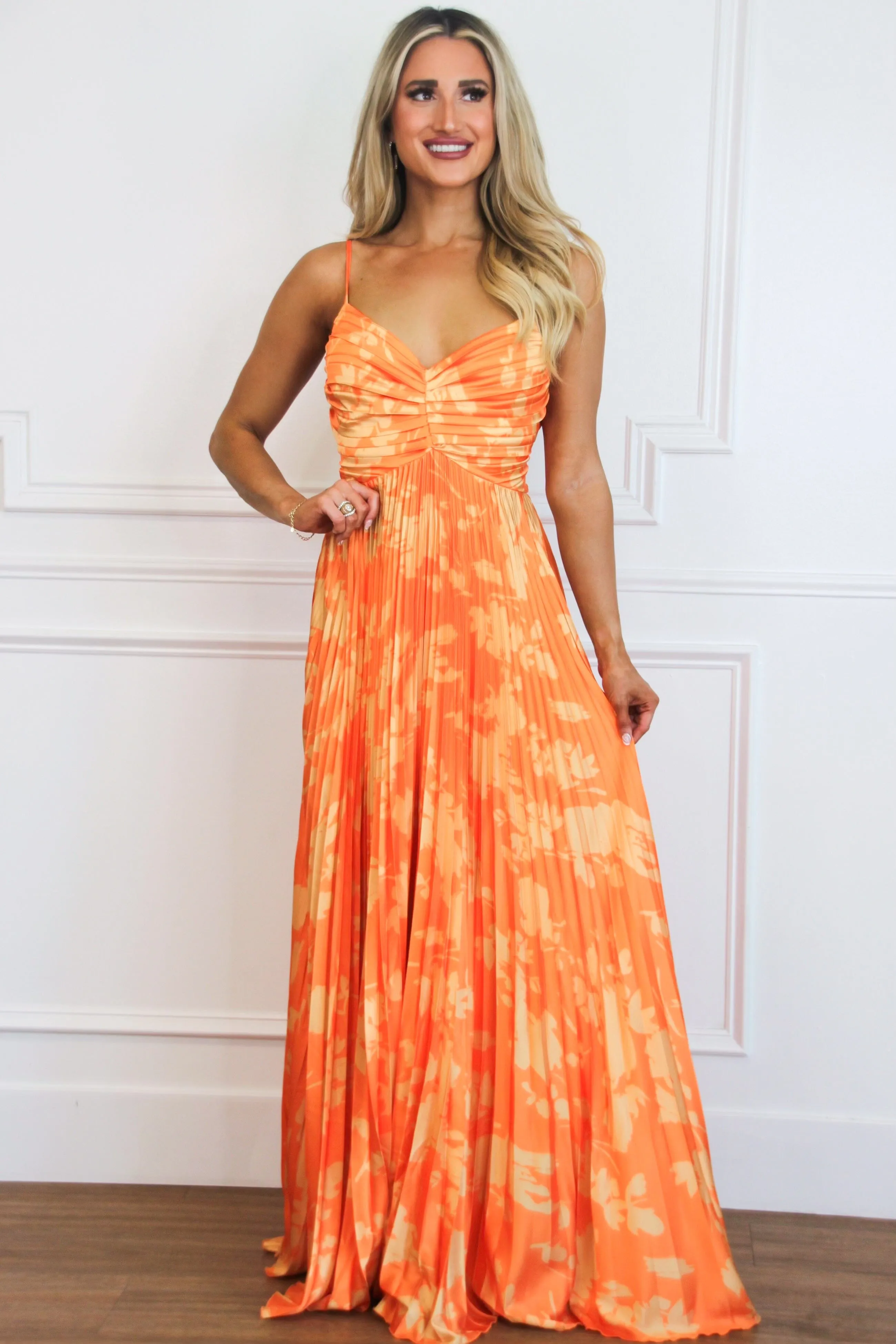 Electric Sunshine Floral Pleated Maxi Dress: Bright Orange/Yellow sold by Bella and Bloom