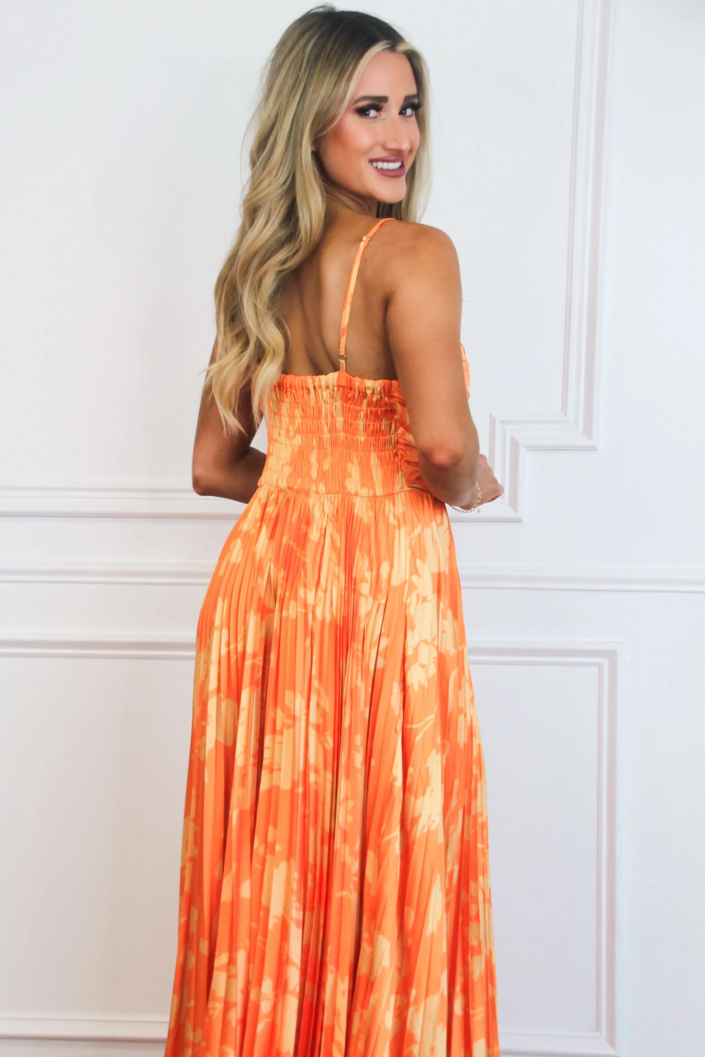 Electric Sunshine Floral Pleated Maxi Dress: Bright Orange/Yellow sold by Bella and Bloom product image thumbnail 3
