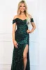 Elise Off Shoulder Sequin Slit Formal Dress: Emerald sold by Bella and Bloom