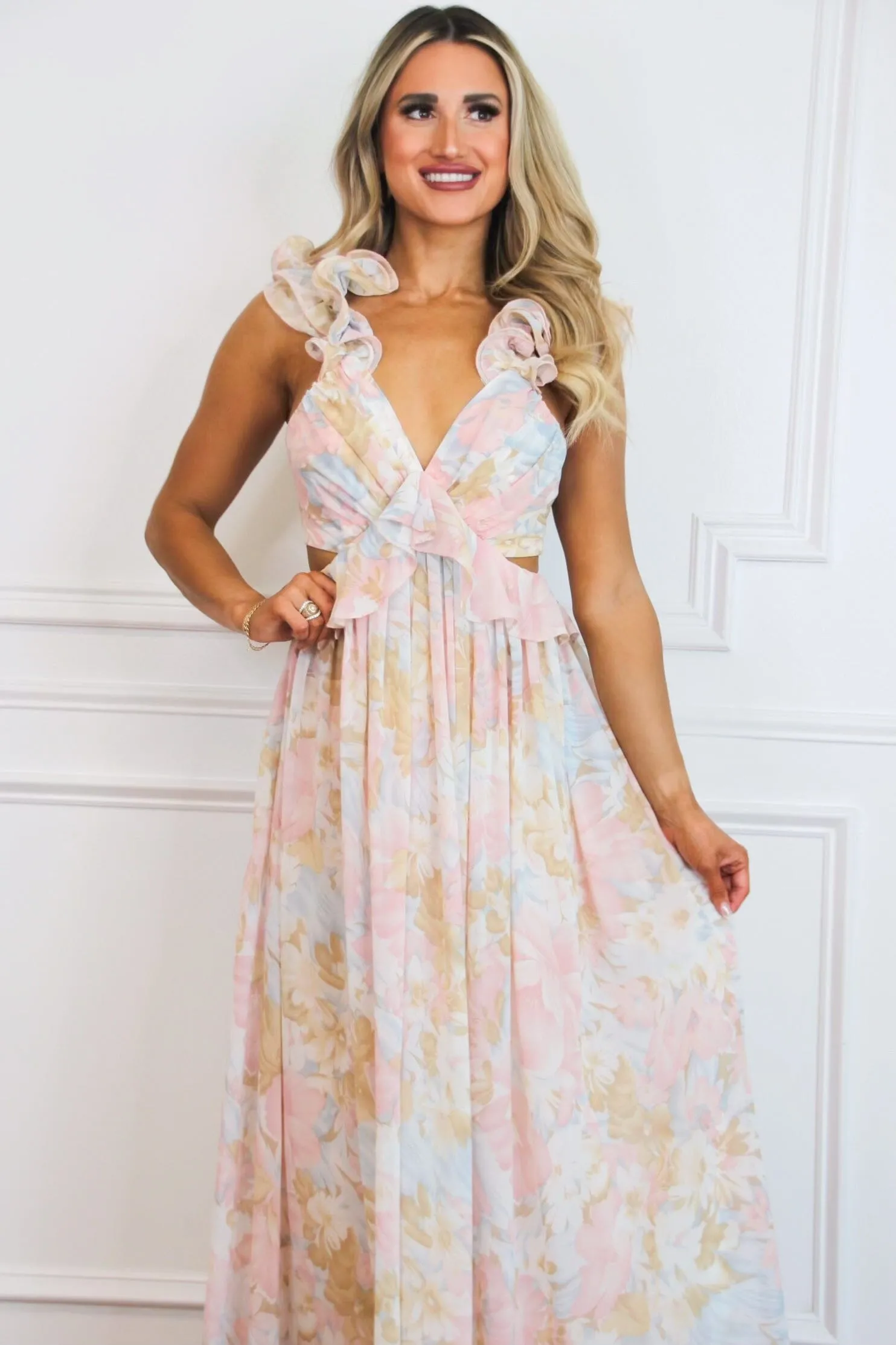 Sophie Floral Cutout Ruffle Maxi Dress: Pink Pastel Multi sold by Bella and Bloom product image thumbnail 3