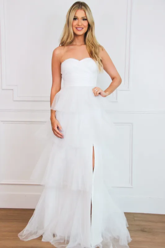Fairytale State of Mind Tiered Tulle Maxi Dress: White sold by Bella and Bloom