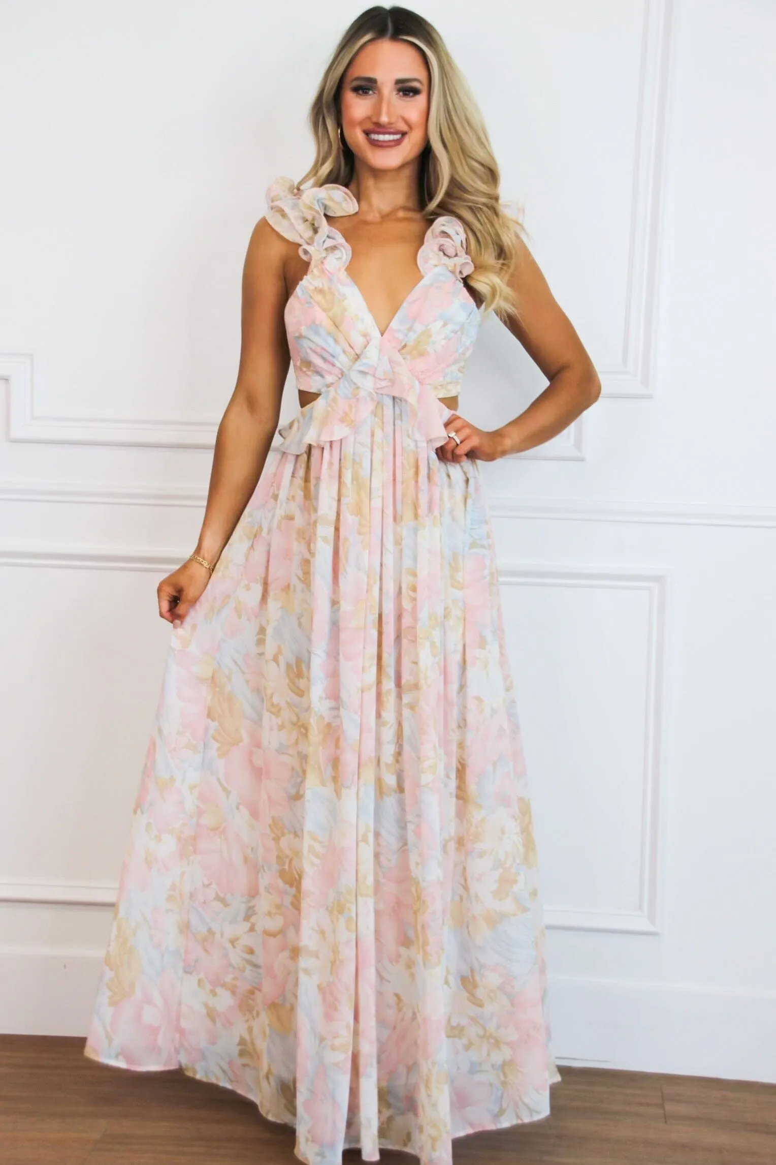 Sophie Floral Cutout Ruffle Maxi Dress: Pink Pastel Multi sold by Bella and Bloom