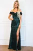 Elise Off Shoulder Sequin Slit Formal Dress: Emerald sold by Bella and Bloom