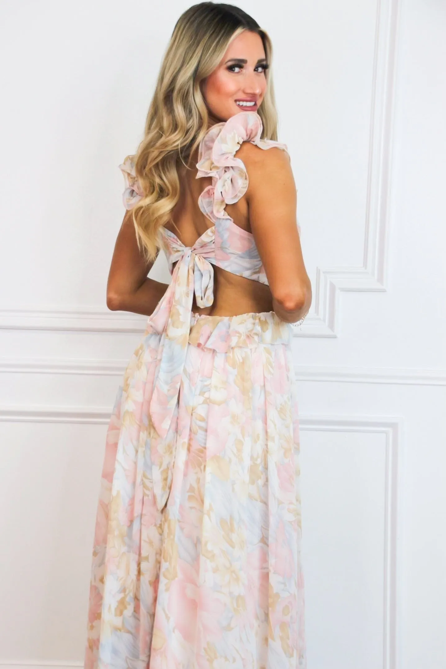 Sophie Floral Cutout Ruffle Maxi Dress: Pink Pastel Multi sold by Bella and Bloom product image thumbnail 2