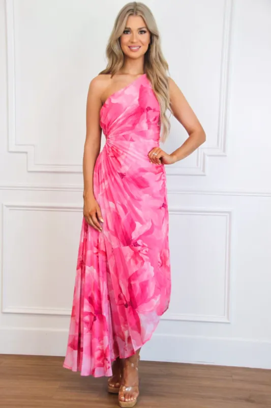 Lisette One Shoulder Floral Pleated Maxi Dress: Fuchsia sold by Bella and Bloom