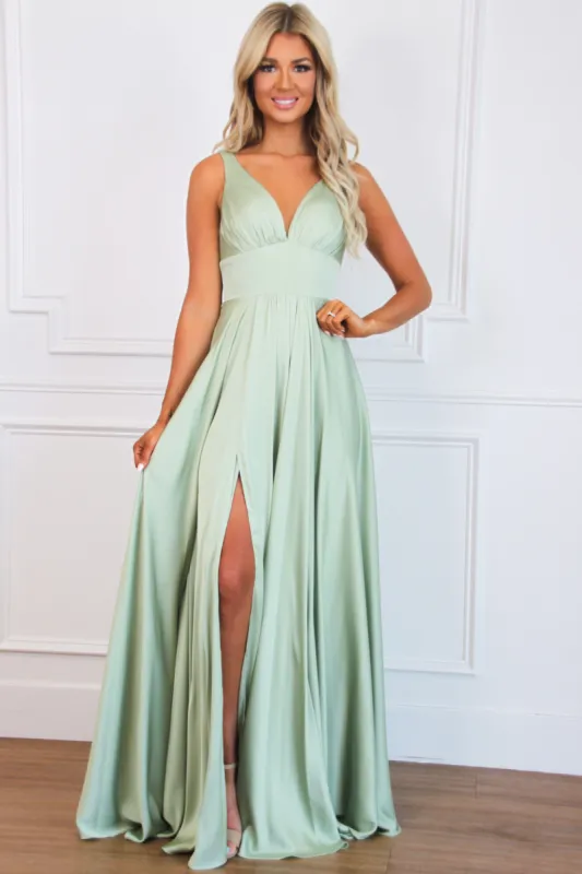 Remi Satin V-Neck Slit Formal Dress: Sage sold by Bella and Bloom