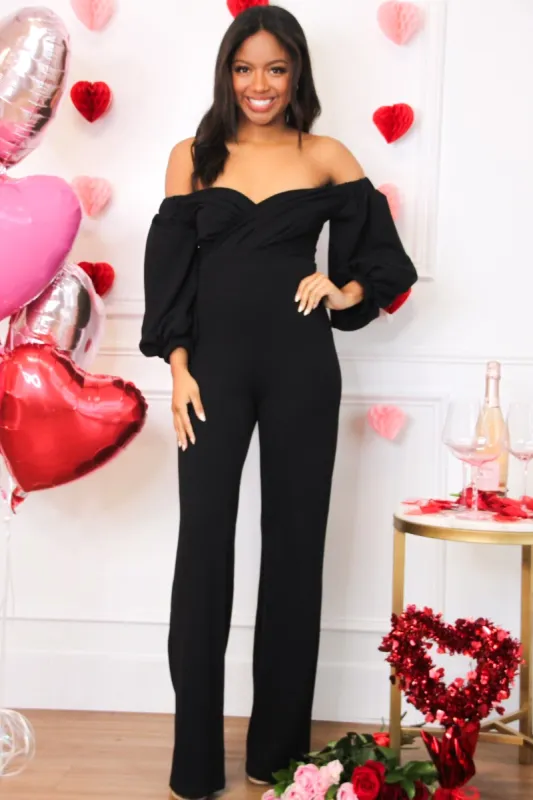 Sweet Nothings Off Shoulder Jumpsuit: Black sold by Bella and Bloom