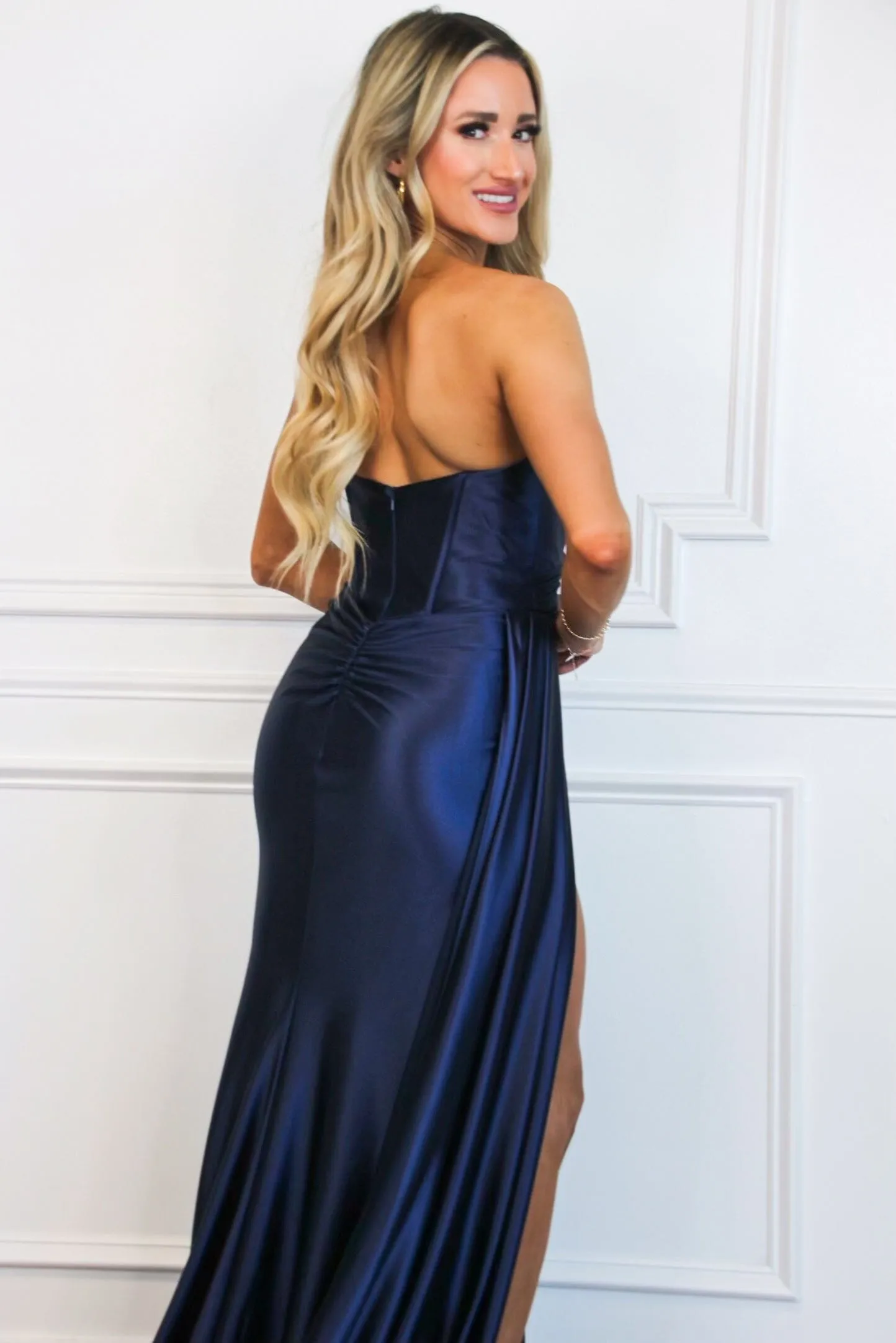 Whitley Strapless Satin Slit Formal Dress: Navy sold by Bella and Bloom product image thumbnail 3