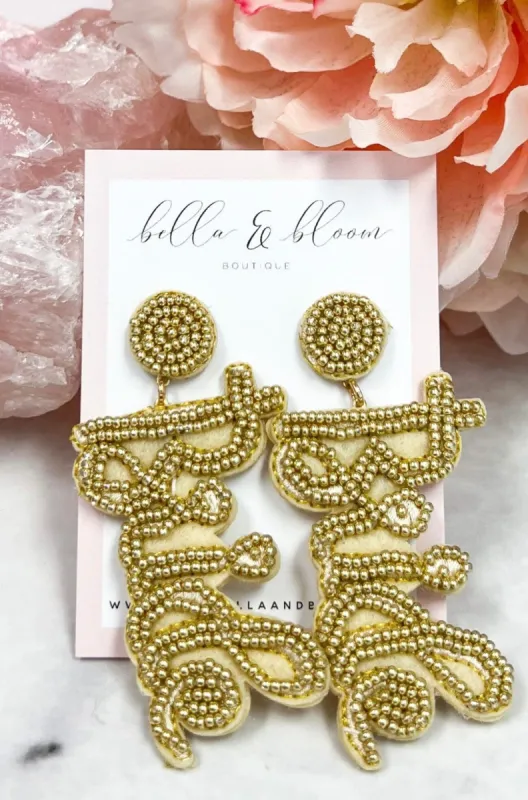 Cursive Beaded Bride Earrings: Gold sold by Bella and Bloom