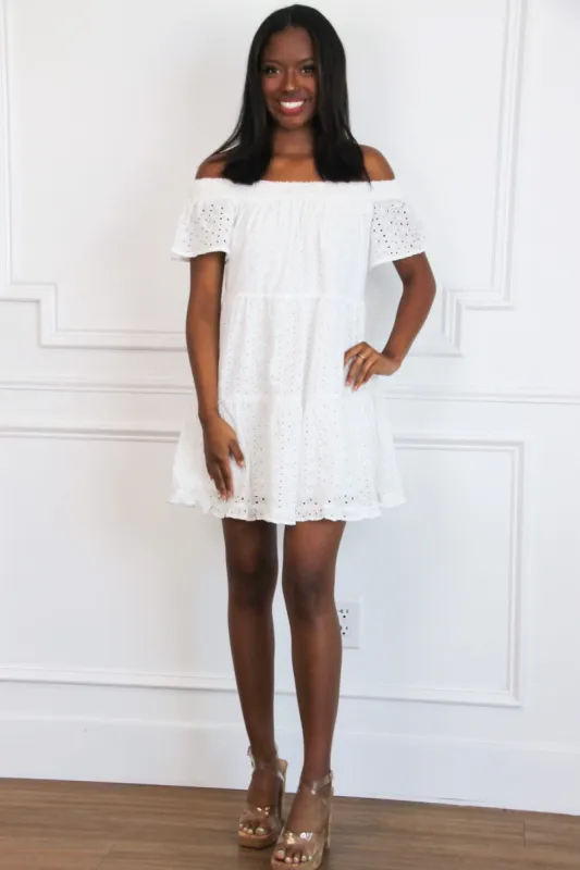 Kinsley Off Shoulder Eyelet Dress: White sold by Bella and Bloom
