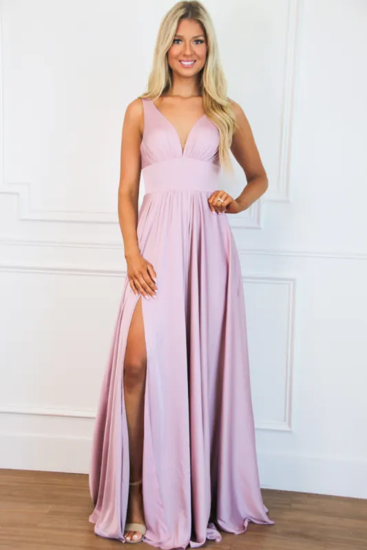 Remi Satin V-Neck Slit Formal Dress: Mauve sold by Bella and Bloom